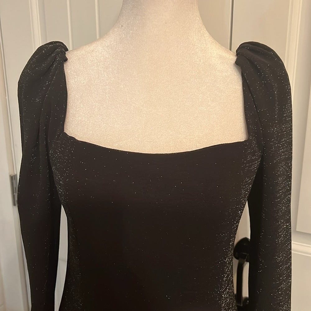 1.State Square Neck Princess Seam Metallic Shimmer Black Cocktail Mini Dress - Picture 2 of 10